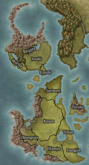 This map of Hokuto shows the ancient territories. In the northern island of Mikazuki, there was the western territory of Morita, to the north, Fujita, south was Iwaki, and farthest south Esashi. On the southern island of Yūyake, were (from west to east) Obongsan, Kosan, north of Kosan was Sariwon, south of Kosan Has Hamju and to the northest of Hamju was Sinan, while southeast of Hamju was Dangjin. Lastly, the island of Taroko was east of Yūyake.